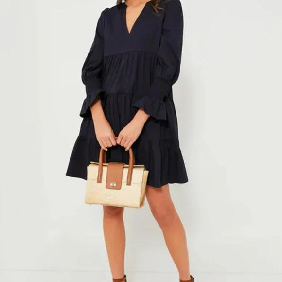 Navy Tiered Long Sleeve Dress - Picture 5 of 7